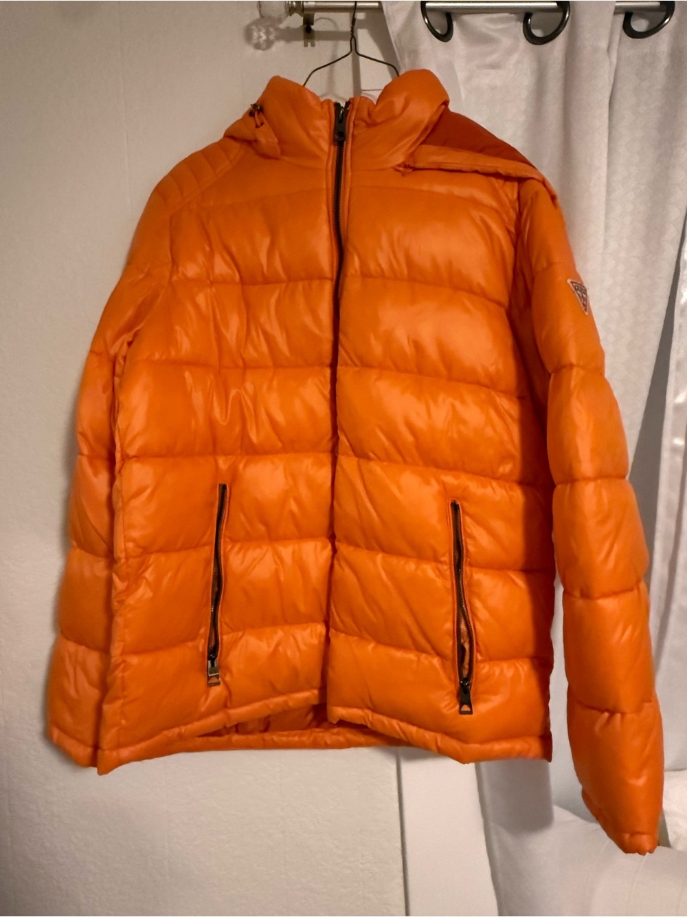 Guess Men's Bright Orange Quilted Puffer Jacket with Hood